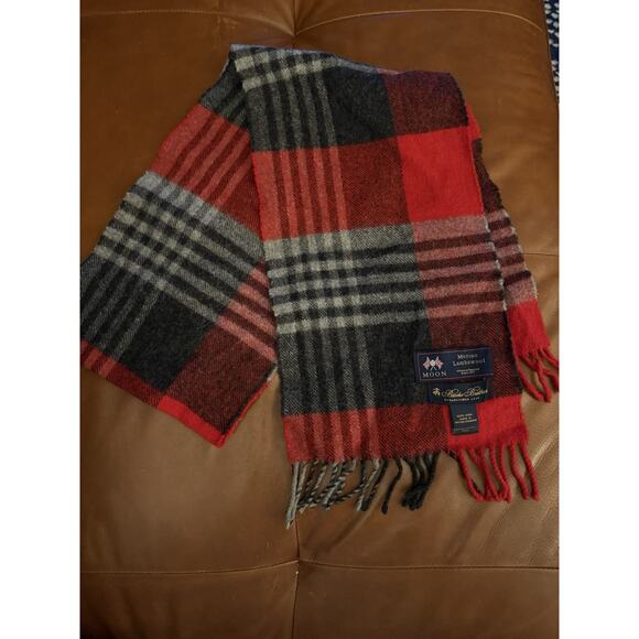 Brooks Brothers Tartan Merino Wool Red Grey Scarf Moon - Picture 1 of 5